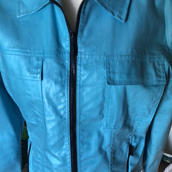 SZ L 100% COTTON JACKET (FAUX LEATHER LOOK) ZIP POCKETS TURQUOISE LIGHTWEIGHT - Picture 2 of 8